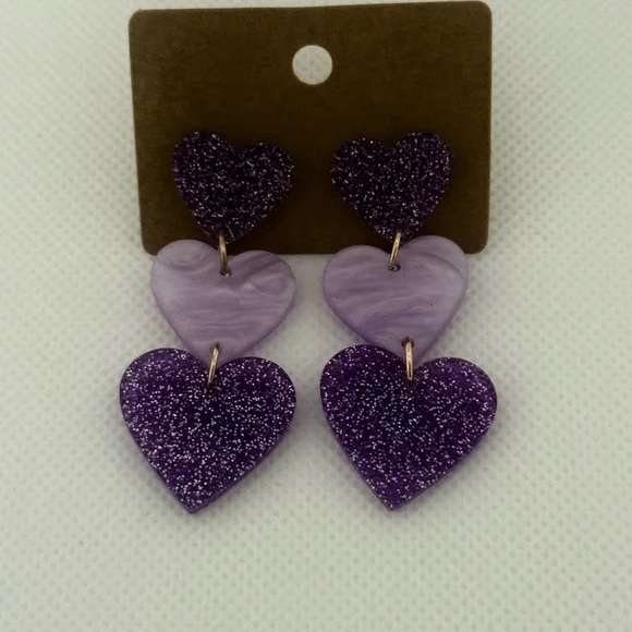 Purple Acrylic Heart Drop Earrings โ Glitter & Marble Mix โ NWT - Picture 4 of 6
